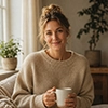 Blog Front Page With Masthead, Topic Cards and Post Feed The parent who writes this blog, holding a mug in a sunlit room