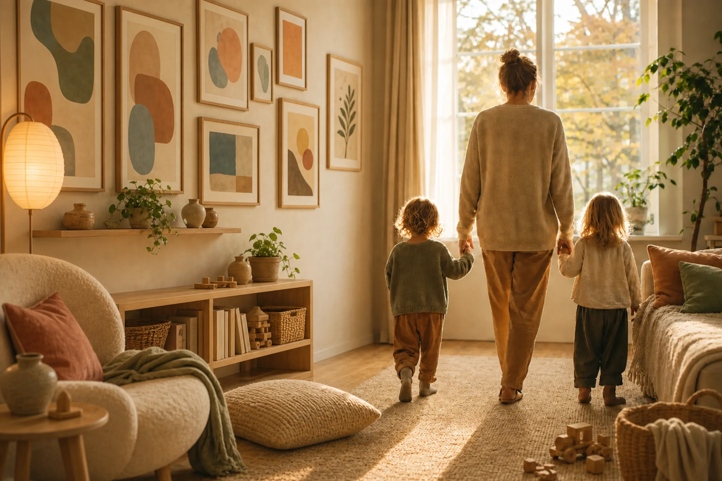 Blog Front Page With Masthead, Topic Cards and Post Feed A parent and two young children walking hand in hand through a sunlit front room